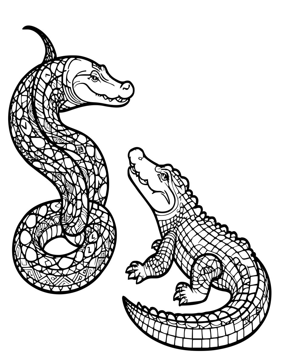 Alligator vs. Python - free printable coloring page