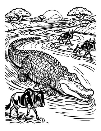 Crocodile and Wildebeest - Free printable coloring page