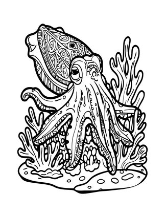 Cuttlefish and Coral - Free printable coloring page