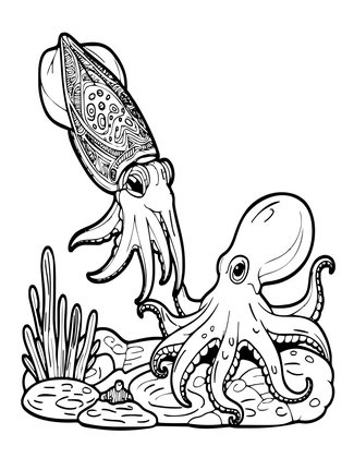 Cuttlefish and Octopus - Free printable coloring page
