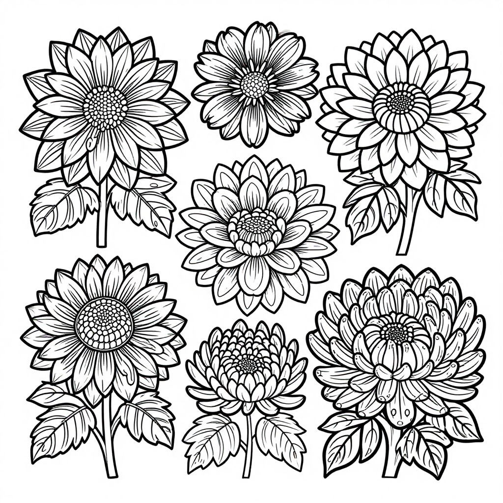 Dahlias Chrysanthemums coloring pages collection - 30 free printable pages