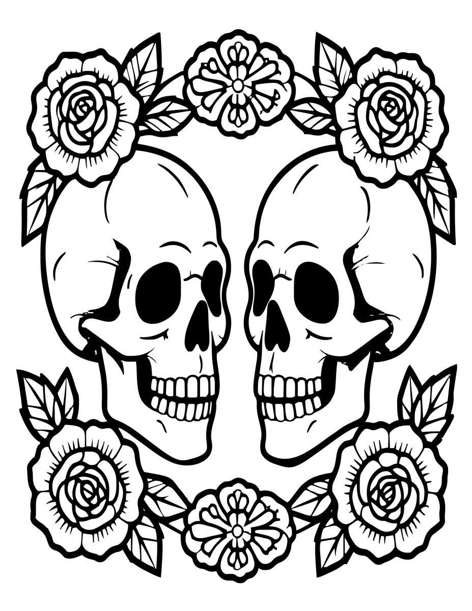 Two Skulls and Roses - free printable coloring page