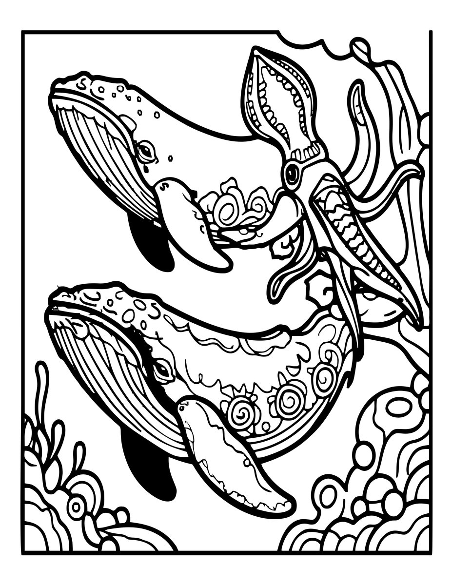 Sperm Whale and Squid - free printable coloring page