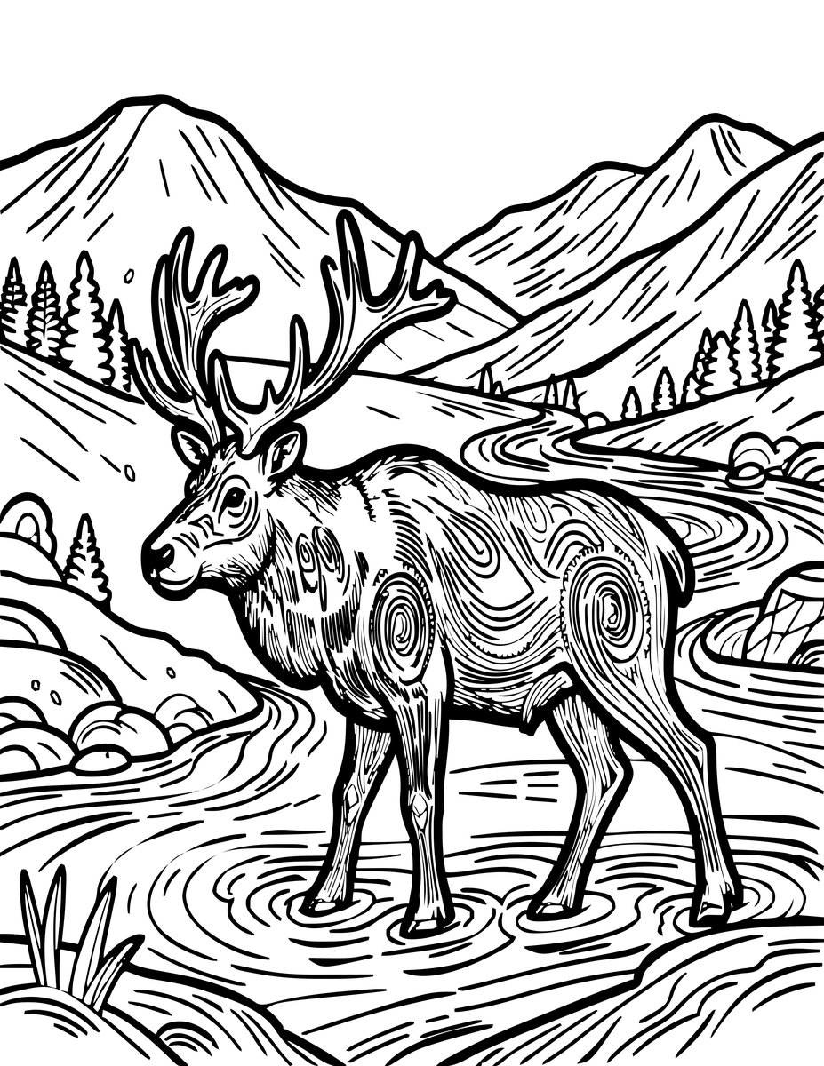 Elk in River - free printable coloring page