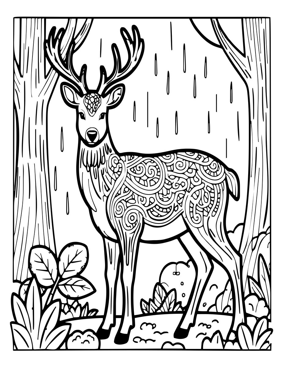 Deer in Rain - free printable coloring page