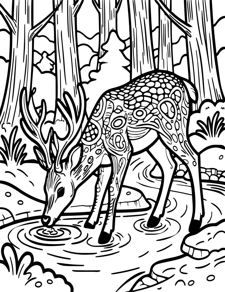 Deer at Stream - free printable coloring page