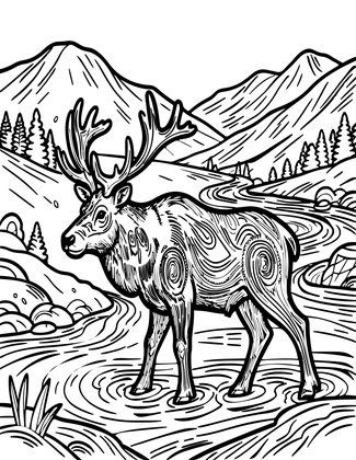 Elk in River - Free printable coloring page