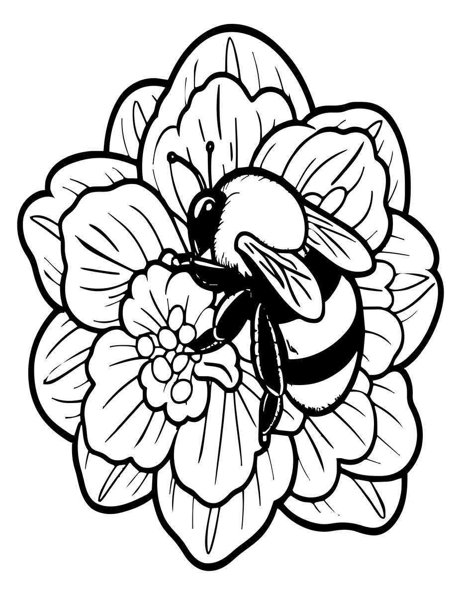 Bee in Delphinium - free printable coloring page