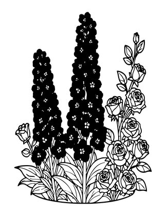 Delphinium and Rose - Free printable coloring page