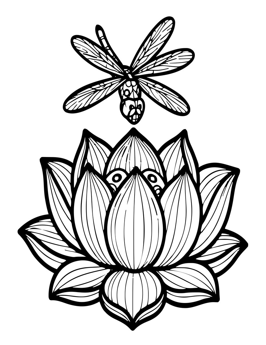 Dragonfly and Lotus - free printable coloring page