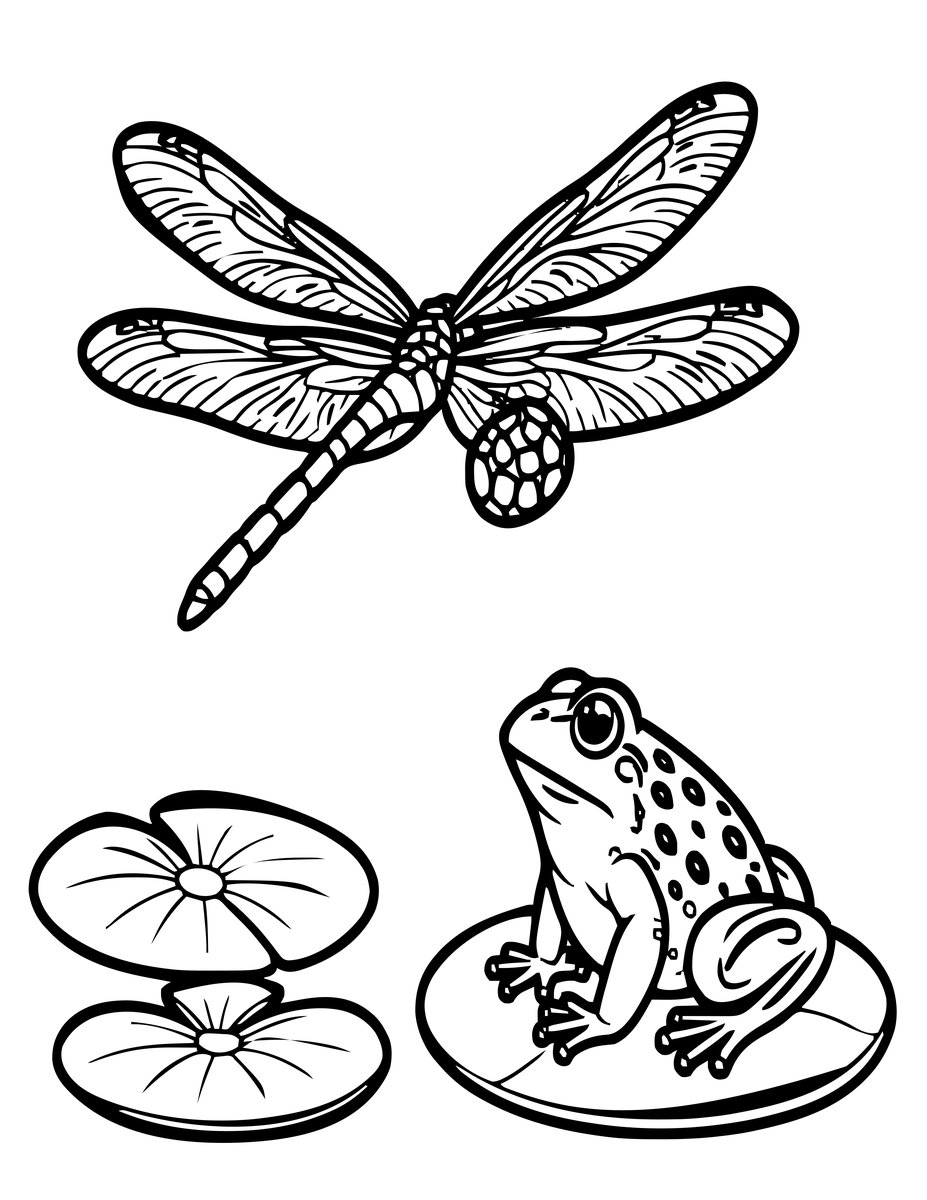 Dragonfly and Frog - free printable coloring page