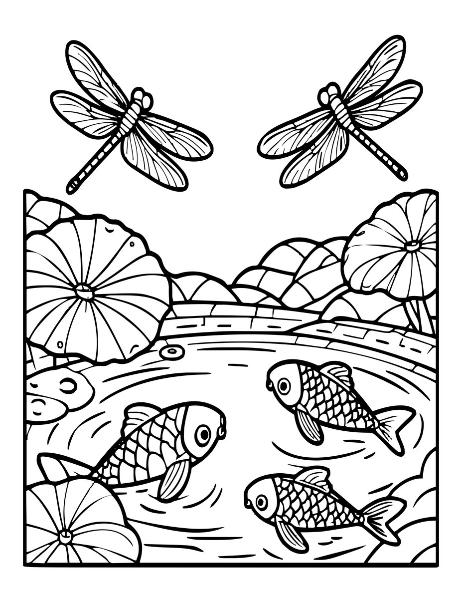 Dragonfly and Koi - free printable coloring page