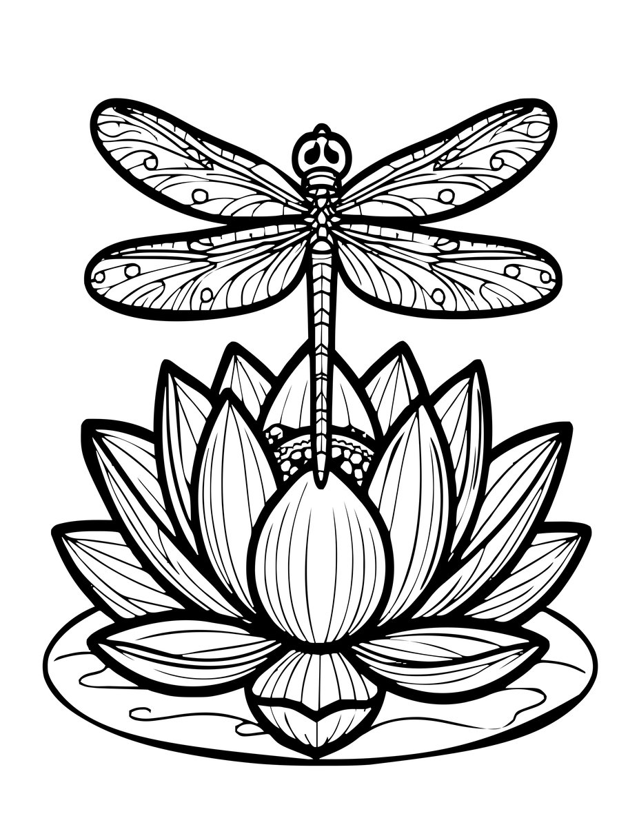 Dragonfly and Water Lily - free printable coloring page