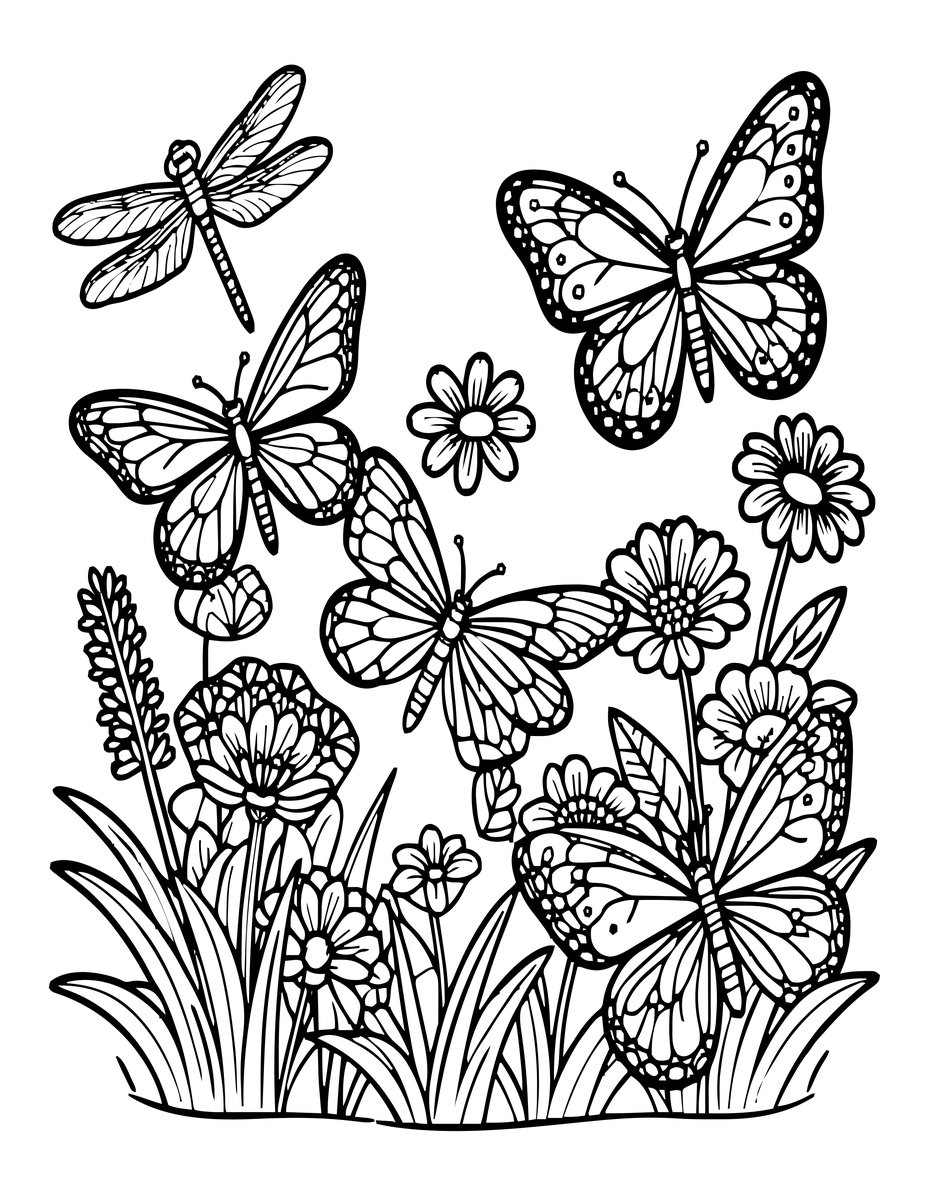 Dragonfly and Butterfly - free printable coloring page