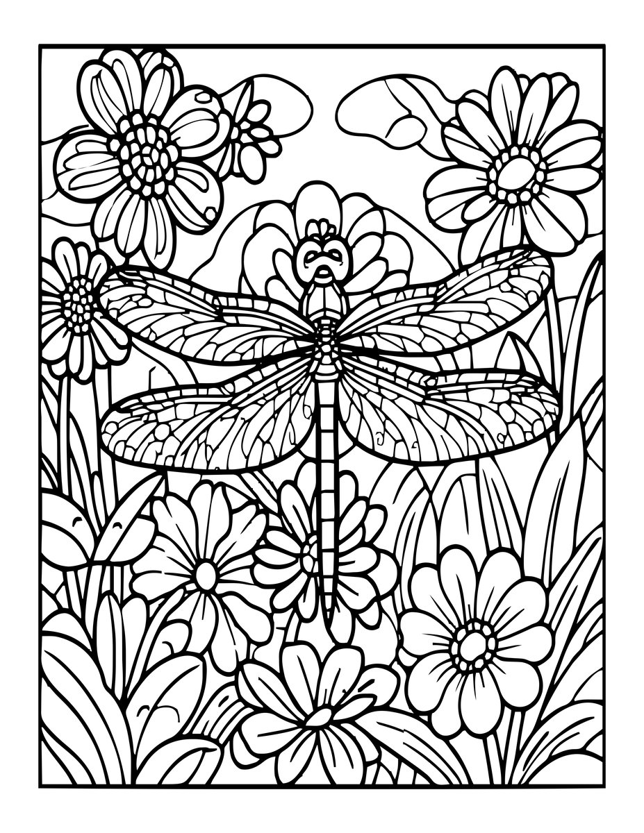 Dragonfly and Wildflowers - free printable coloring page
