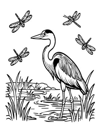 Dragonfly and Heron - Free printable coloring page
