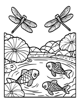 Dragonfly and Koi - Free printable coloring page