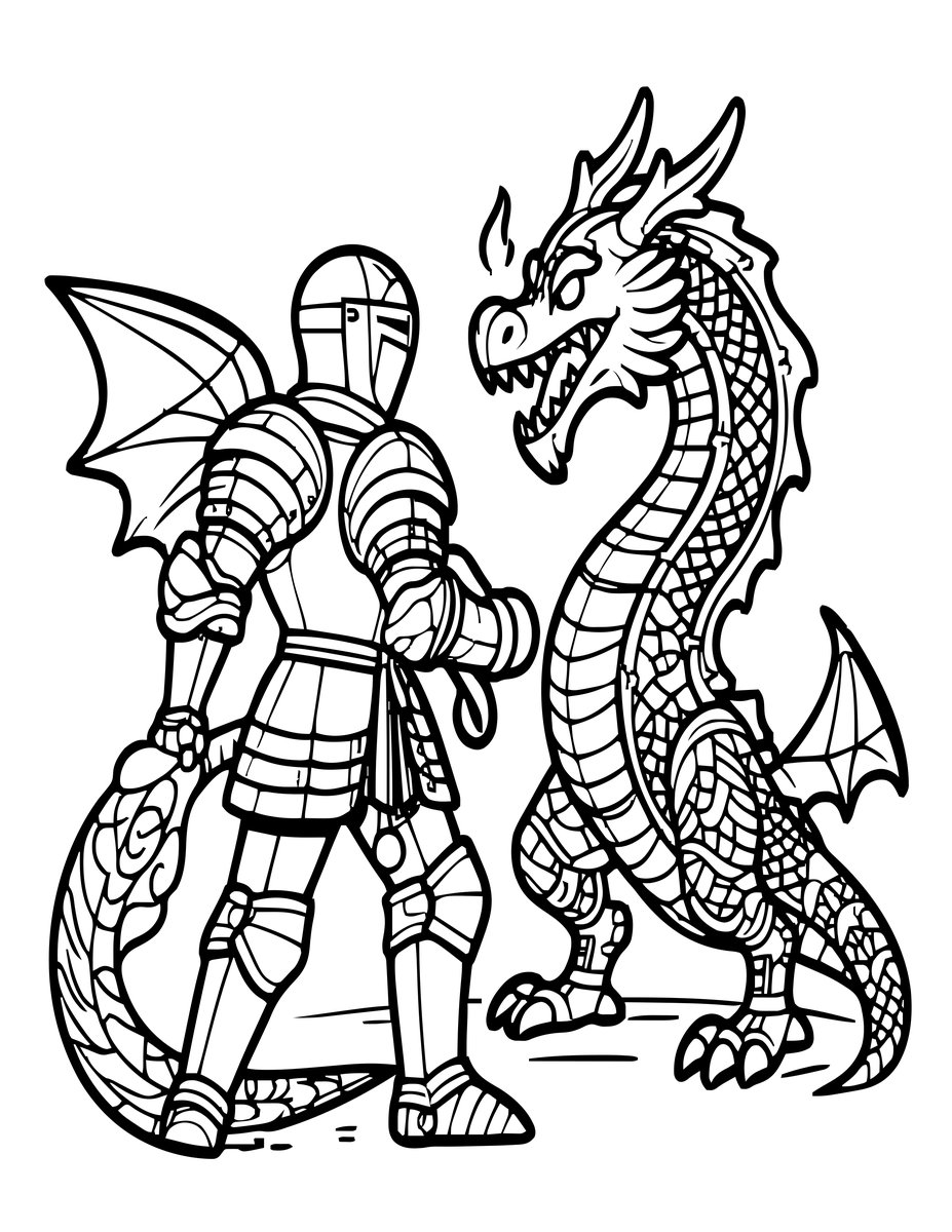 Dragon and Knight - free printable coloring page