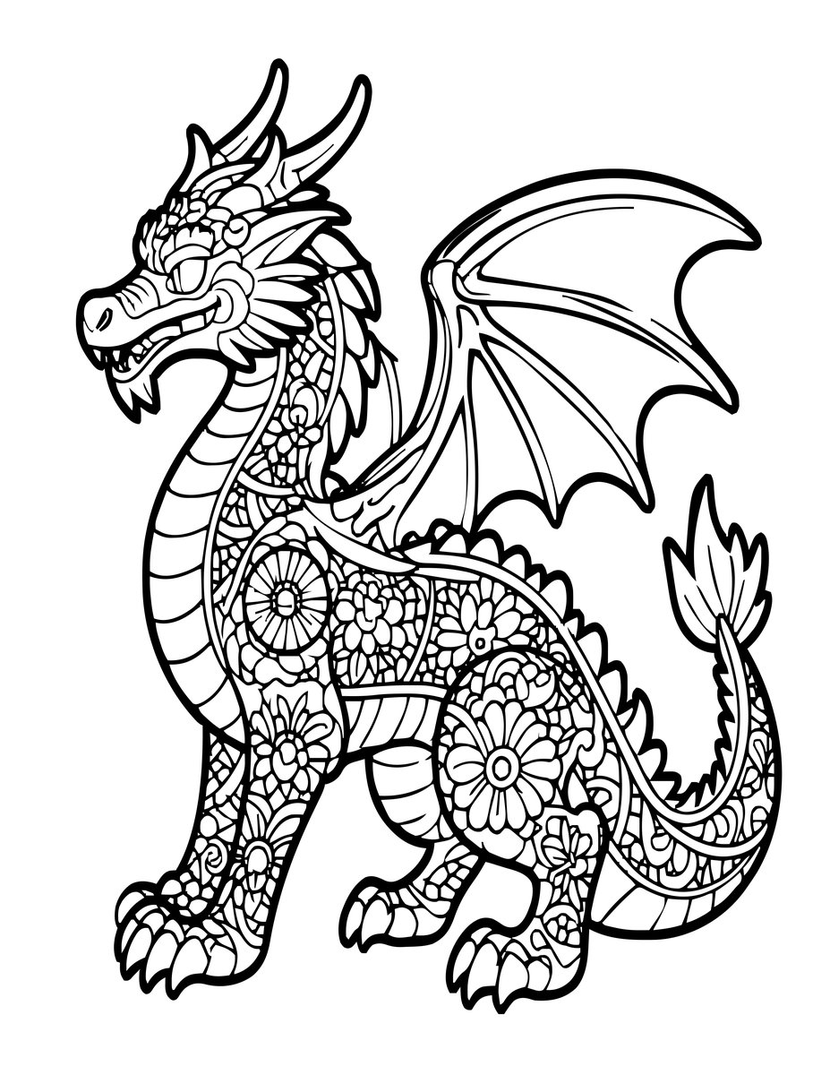 Floral Dragon - free printable coloring page