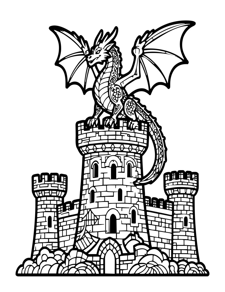 Dragon and Castle - free printable coloring page