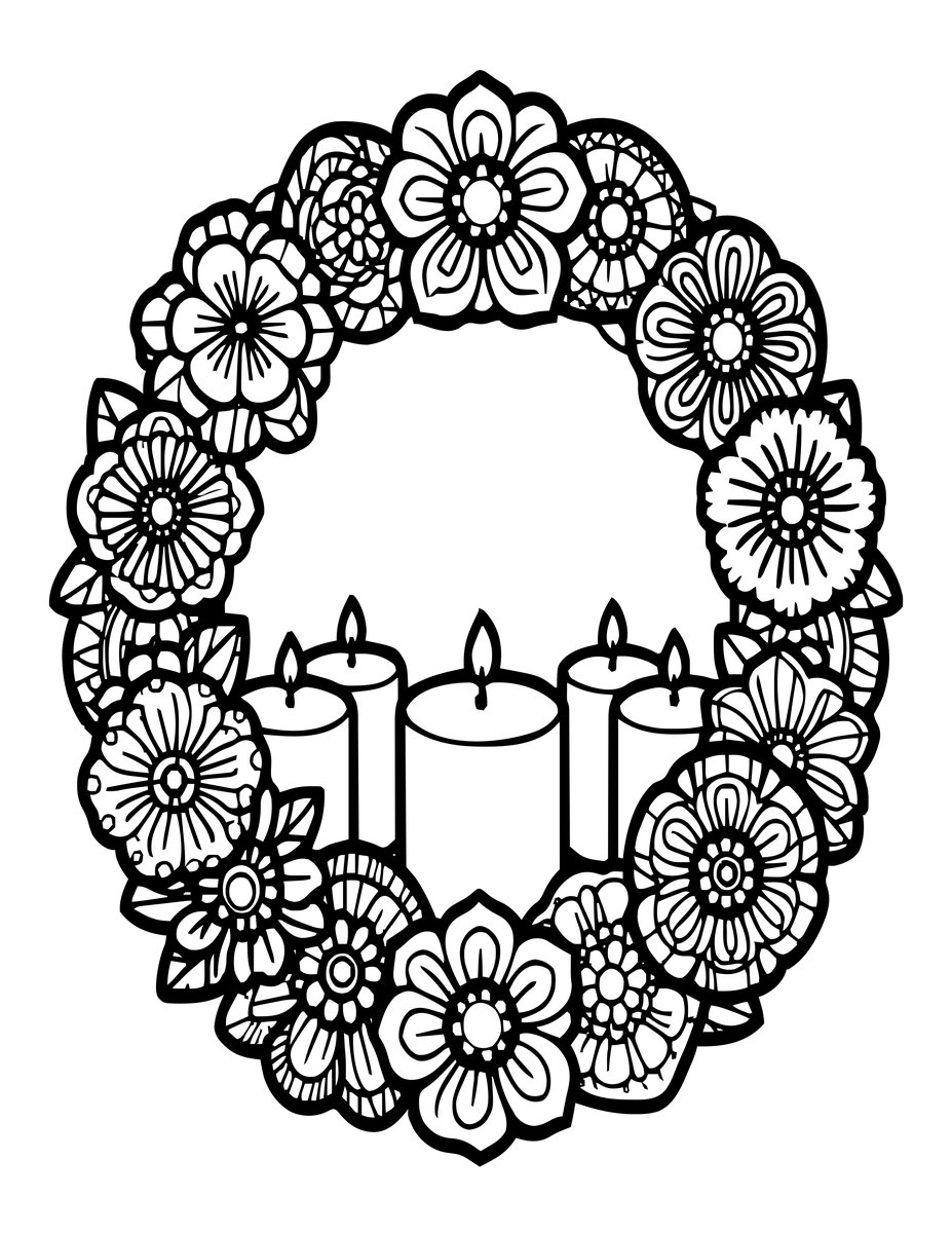 Wreath and Candles - free printable coloring page