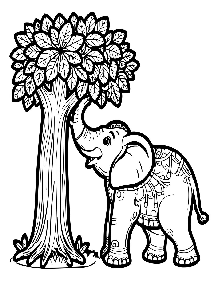 Elephant and Tree - free printable coloring page