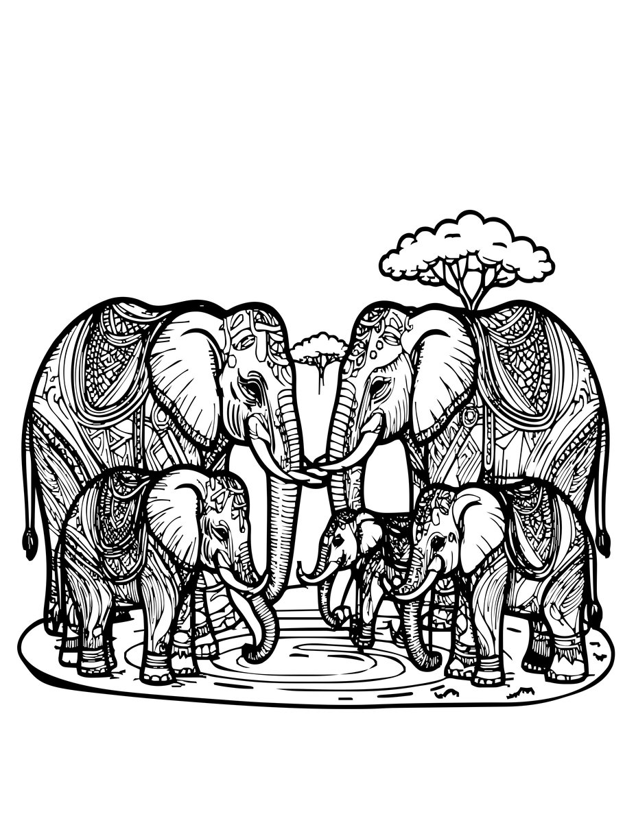Herd at Watering Hole - free printable coloring page