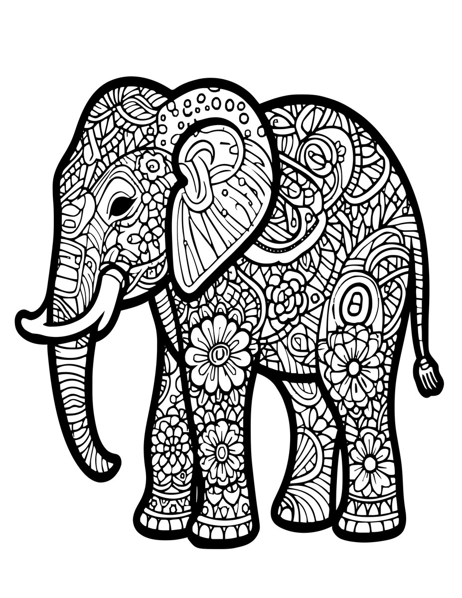 Floral Elephant - free printable coloring page