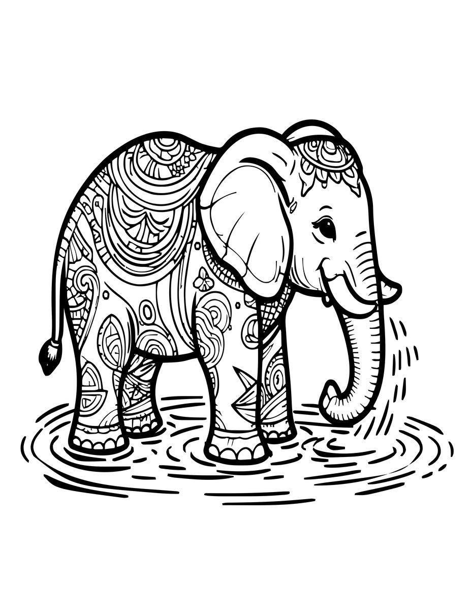 Elephant Bathing - free printable coloring page