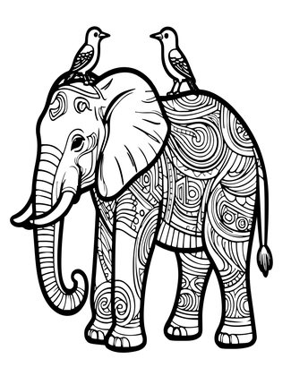Elephant and Birds - Free printable coloring page