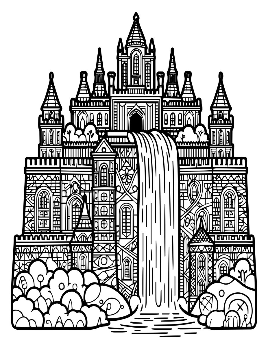 Elven Waterfall City - free printable coloring page