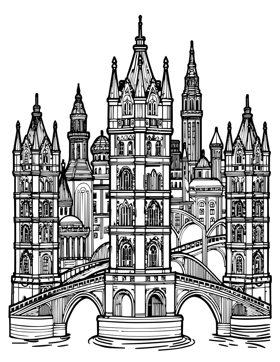 Elven City at Dawn - free printable coloring page