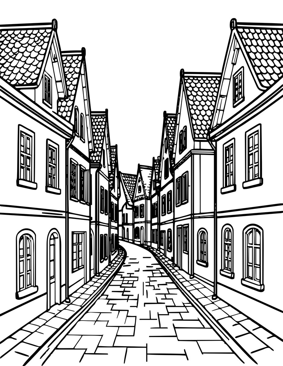 Elven Streets - free printable coloring page