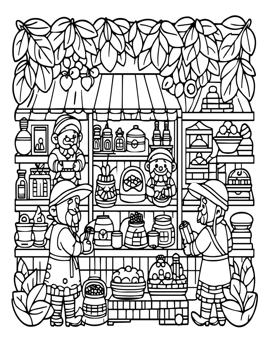 Elven Market - free printable coloring page