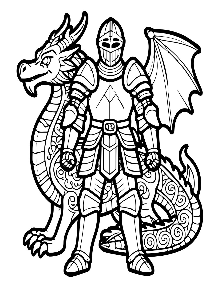 Armor and Dragon - free printable coloring page