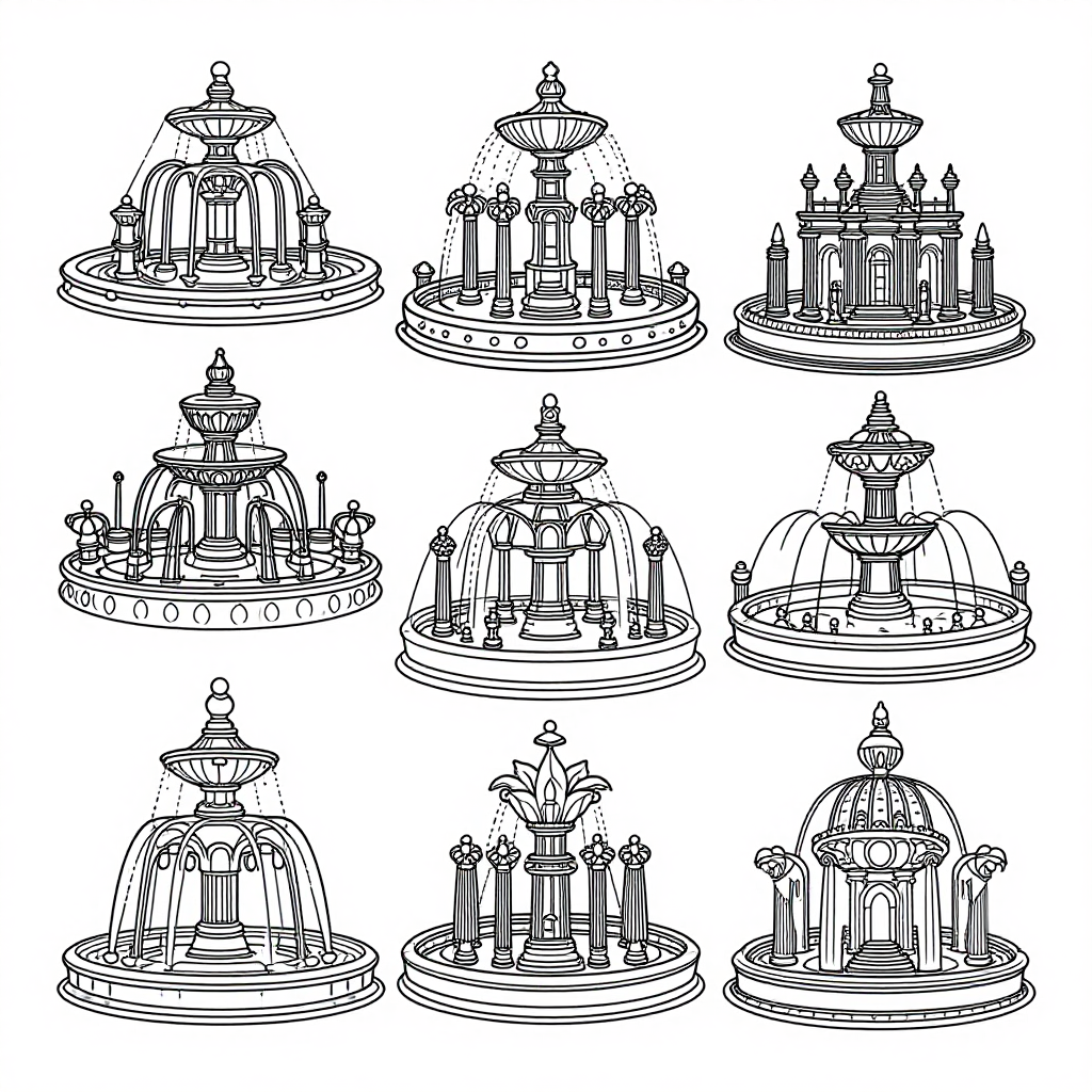 Enchanted Fountains coloring pages collection - 30 free printable pages