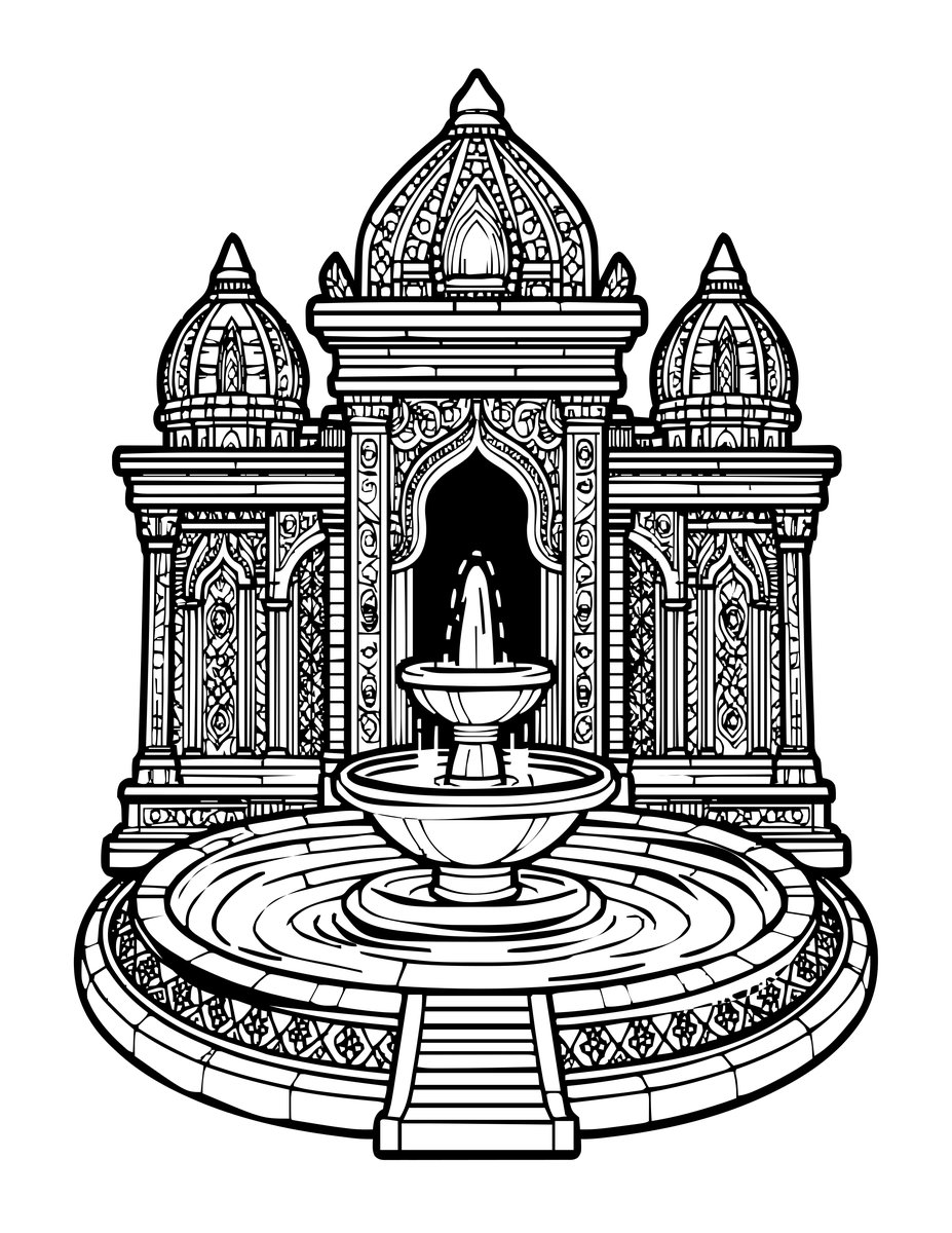 Ancient Temple Fountain - free printable coloring page