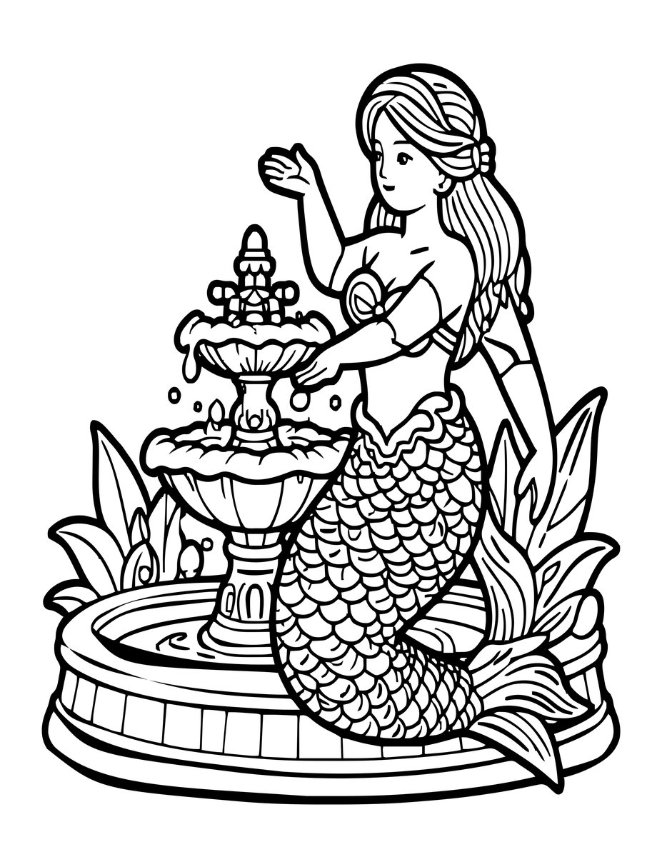 Mermaid Fountain - free printable coloring page