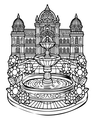 Courtyard Fountain - Free printable coloring page