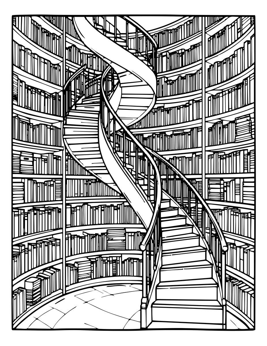 Infinite Bookshelves - free printable coloring page