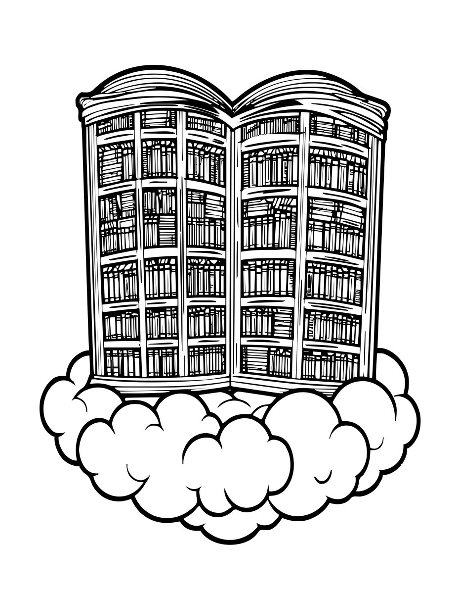 Library in Clouds - free printable coloring page
