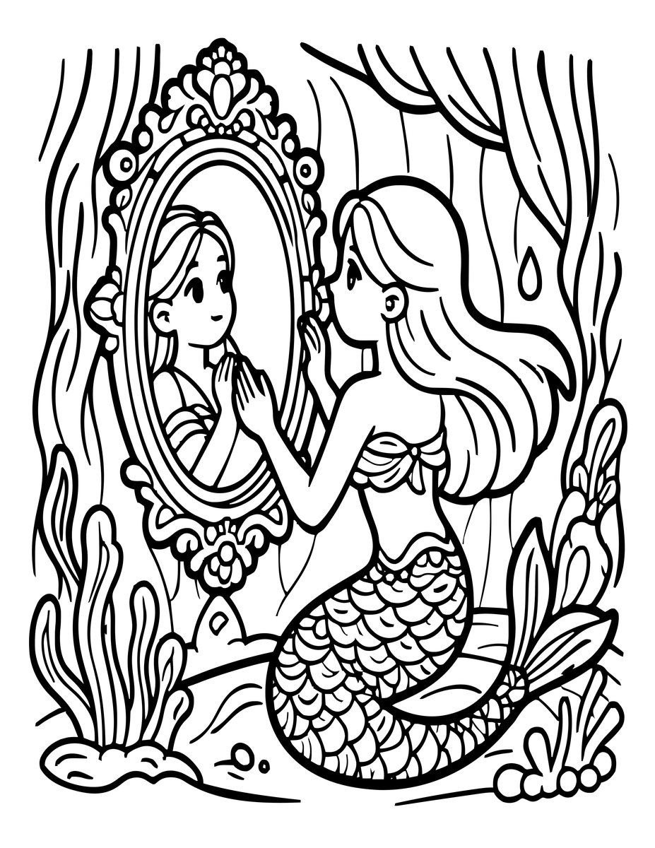 Mirror and Mermaid - free printable coloring page