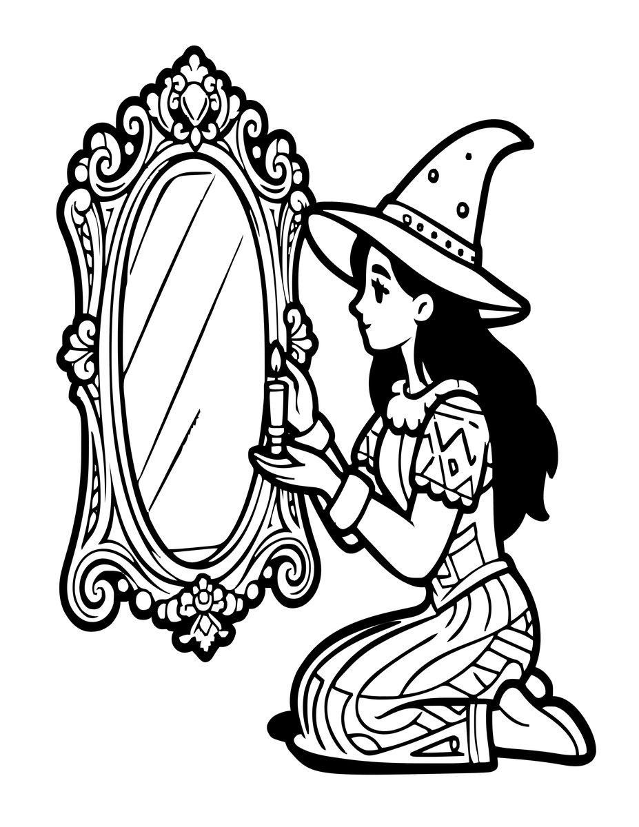 Mirror and Witch - free printable coloring page