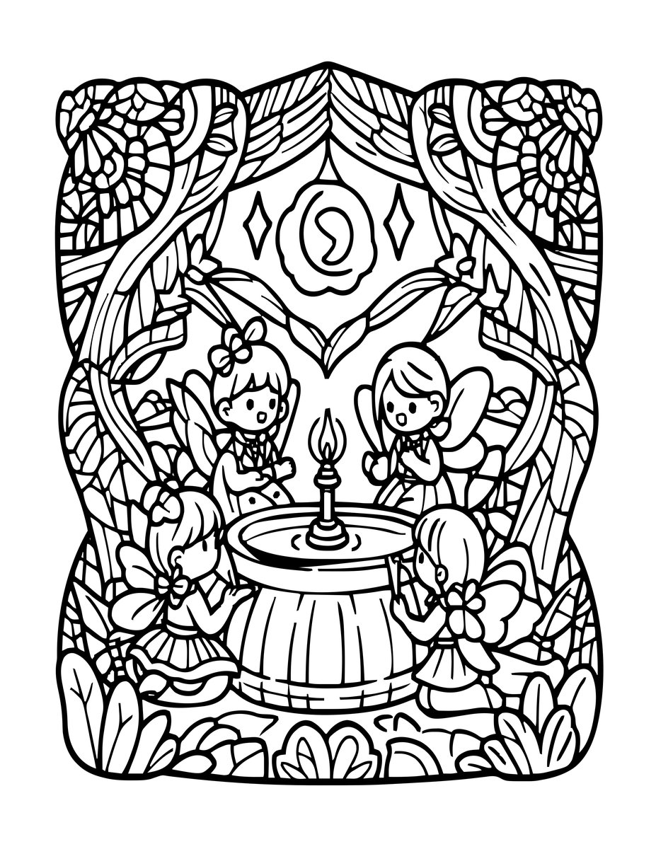 Fairy Gathering - free printable coloring page