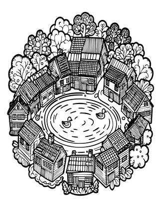 Hamlet of Cottages - Free printable coloring page