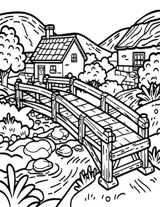 Cottage and Stream - Free printable coloring page