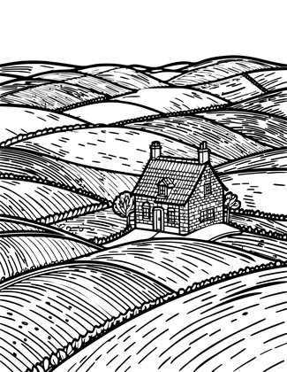 Distant Cottage - Free printable coloring page