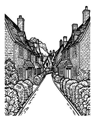 Cottage Lane - Free printable coloring page