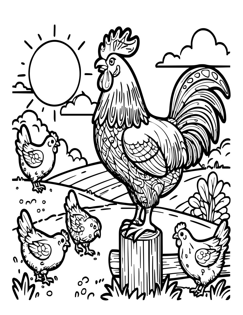 Rooster & Hens - free printable coloring page