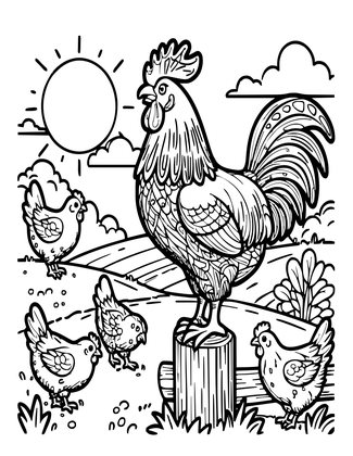 Rooster & Hens - Free printable coloring page